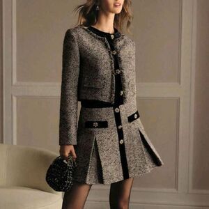 Parisian Chic Tweed Skirt Suit Set Cropped Jacket & Pleated Mini Skirt Designer